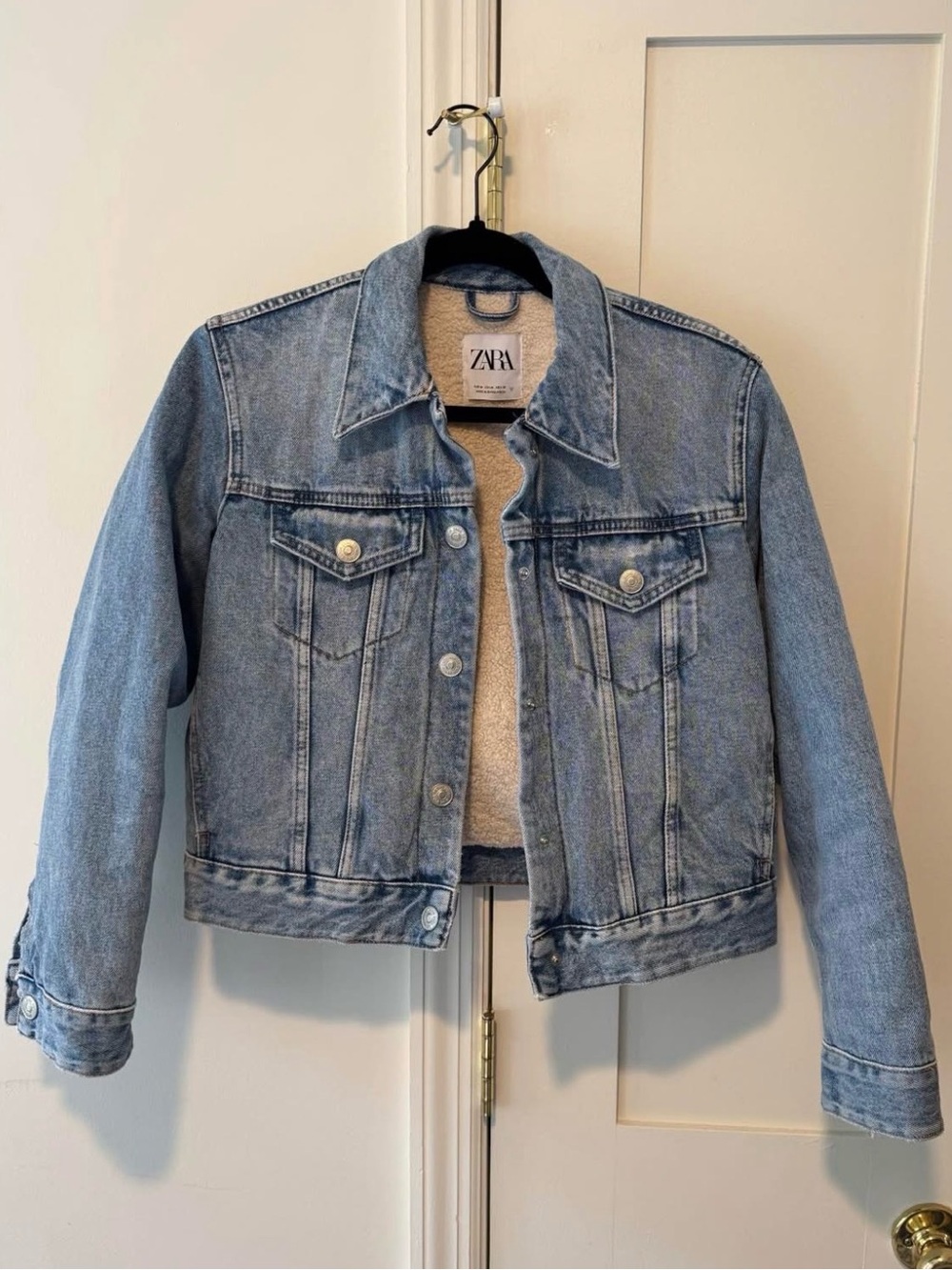 Zara Light Blue Denim Trucker Jacket with Sherpa